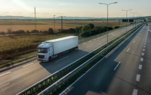 firma realizuje usługę transportu międzynarodowego - ciężarówka jedzie autostradą w stronę odprawy celnej
